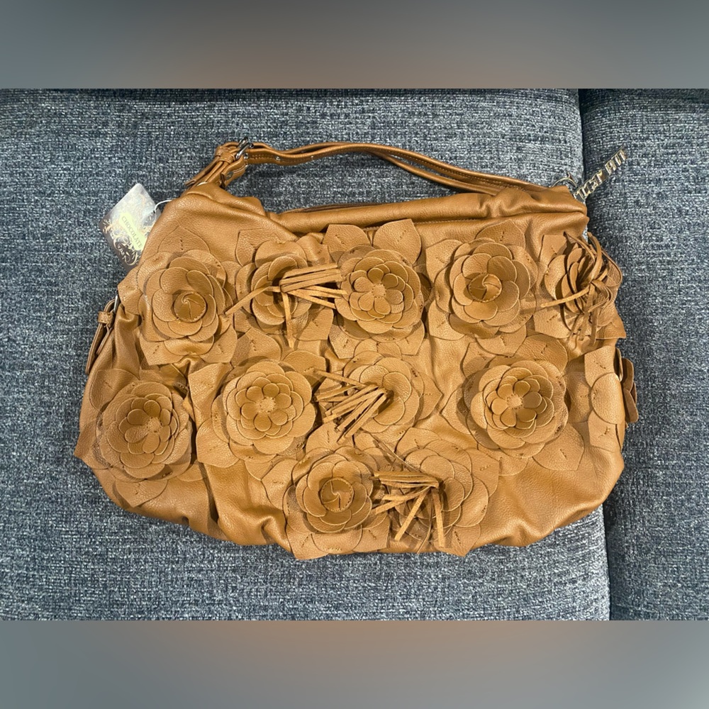 New Chocolate New York Camel Brown Leather Floral Hobo Over-the-Shoulder Handbag